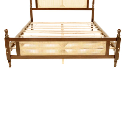 Queen Pine wooden Bed with Rattan Headboard and Footboard, with Central Enhanced Bed Platform,Walnut