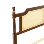 Queen Pine wooden Bed with Rattan Headboard and Footboard, with Central Enhanced Bed Platform,Walnut