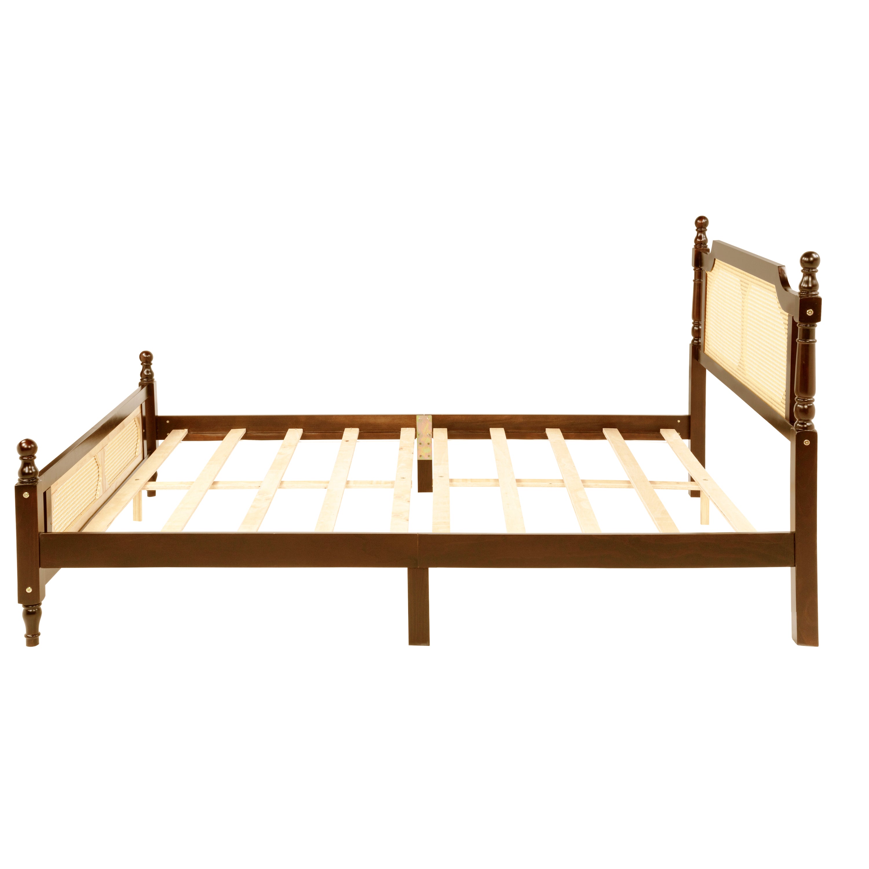 Queen Pine wooden Bed with Rattan Headboard and Footboard, with Central Enhanced Bed Platform,Walnut