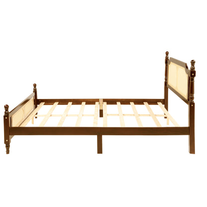 Queen Pine wooden Bed with Rattan Headboard and Footboard, with Central Enhanced Bed Platform,Walnut