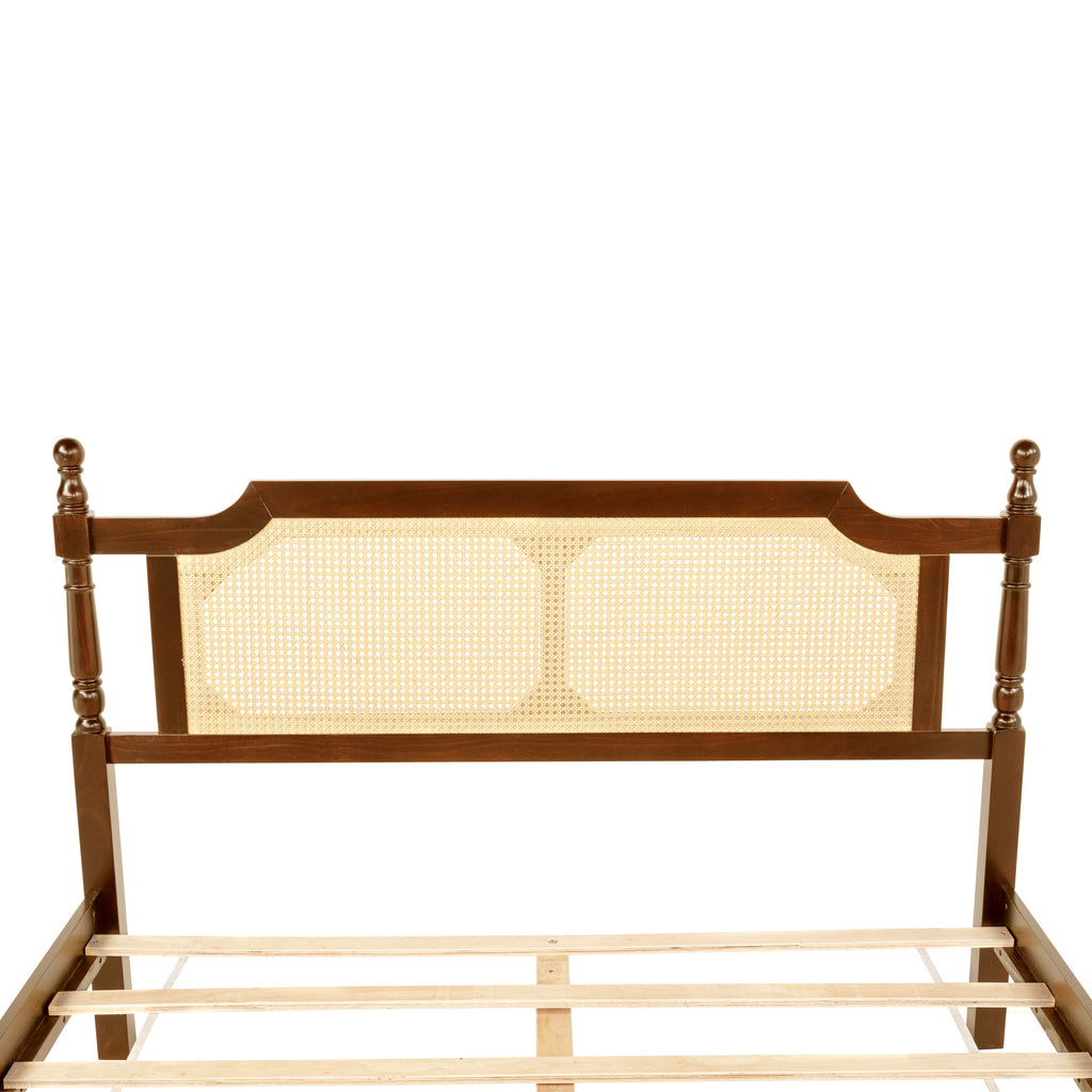 Queen Pine wooden Bed with Rattan Headboard and Footboard, with Central Enhanced Bed Platform,Walnut