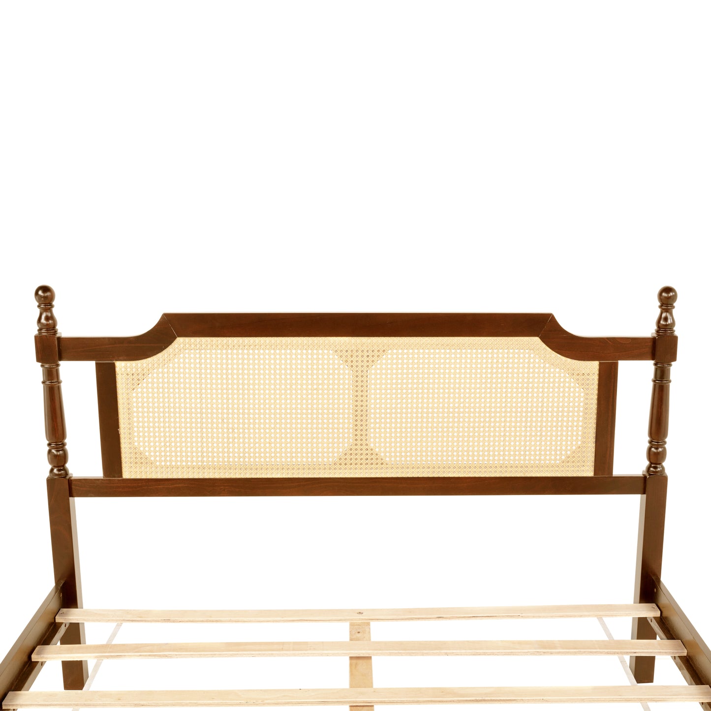 Queen Pine wooden Bed with Rattan Headboard and Footboard, with Central Enhanced Bed Platform,Walnut