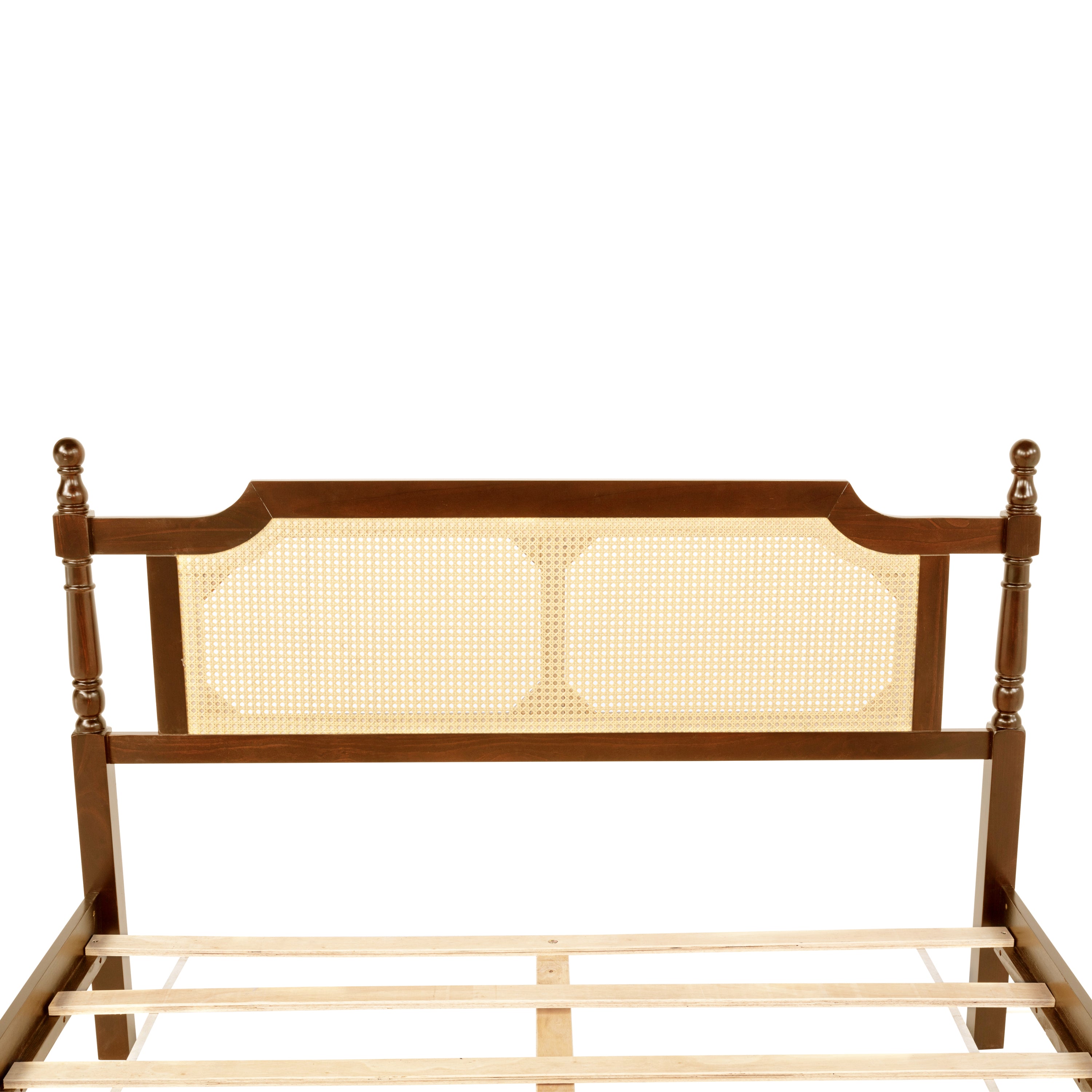 Queen Pine wooden Bed with Rattan Headboard and Footboard, with Central Enhanced Bed Platform,Walnut