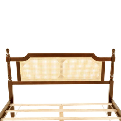 Queen Pine wooden Bed with Rattan Headboard and Footboard, with Central Enhanced Bed Platform,Walnut