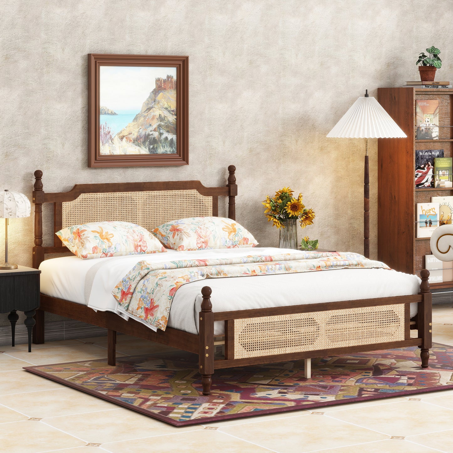 Queen Pine wooden Bed with Rattan Headboard and Footboard, with Central Enhanced Bed Platform,Walnut