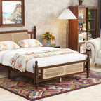 Queen Pine wooden Bed with Rattan Headboard and Footboard, with Central Enhanced Bed Platform,Walnut