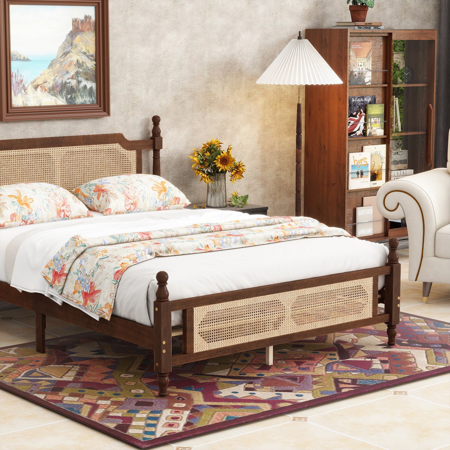 Queen Pine wooden Bed with Rattan Headboard and Footboard, with Central Enhanced Bed Platform,Walnut