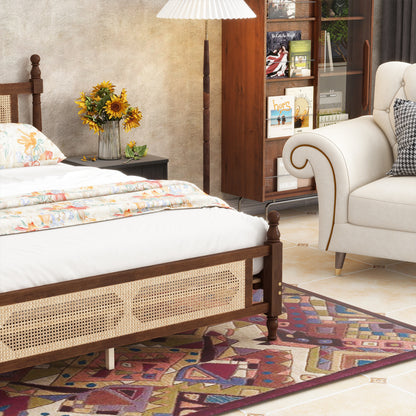 Queen Pine wooden Bed with Rattan Headboard and Footboard, with Central Enhanced Bed Platform,Walnut