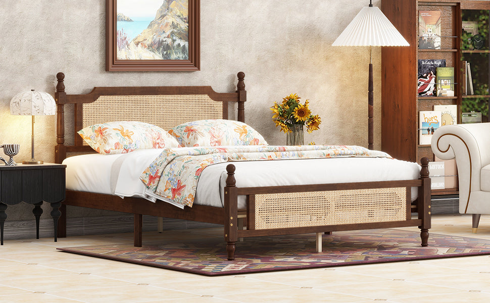 Queen Pine wooden Bed with Rattan Headboard and Footboard, with Central Enhanced Bed Platform,Walnut