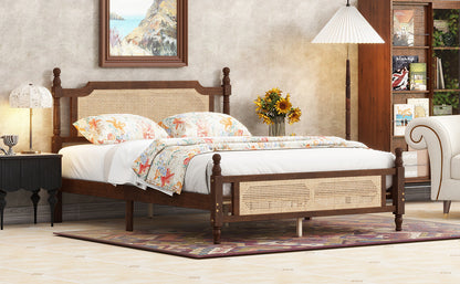 Queen Pine wooden Bed with Rattan Headboard and Footboard, with Central Enhanced Bed Platform,Walnut
