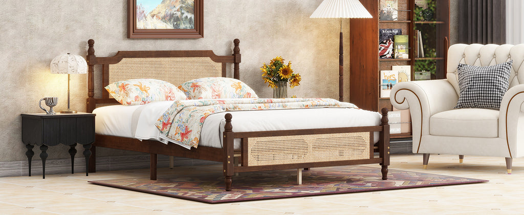 Queen Pine wooden Bed with Rattan Headboard and Footboard, with Central Enhanced Bed Platform,Walnut