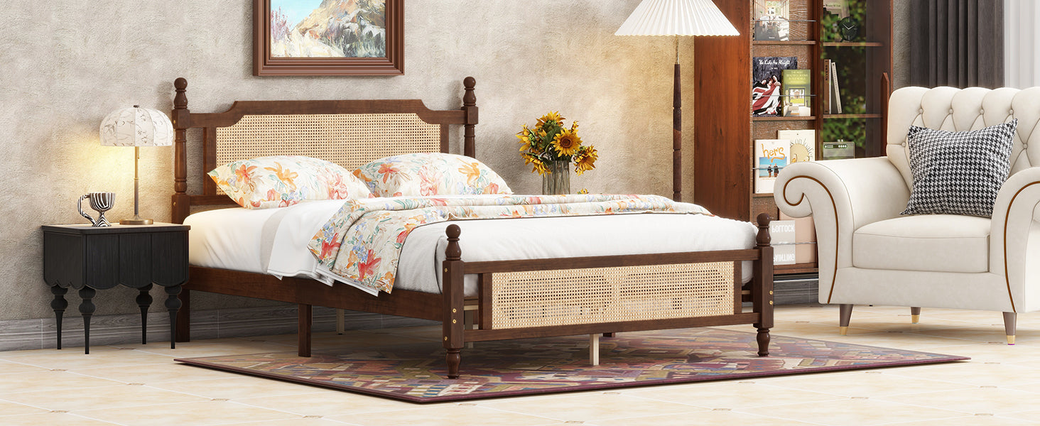 Queen Pine wooden Bed with Rattan Headboard and Footboard, with Central Enhanced Bed Platform,Walnut