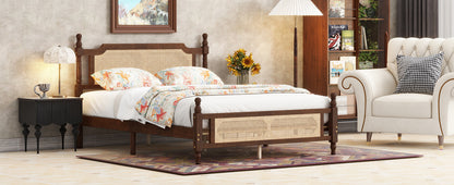 Queen Pine wooden Bed with Rattan Headboard and Footboard, with Central Enhanced Bed Platform,Walnut