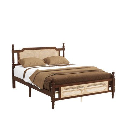 Queen Pine wooden Bed with Rattan Headboard and Footboard, with Central Enhanced Bed Platform,Walnut