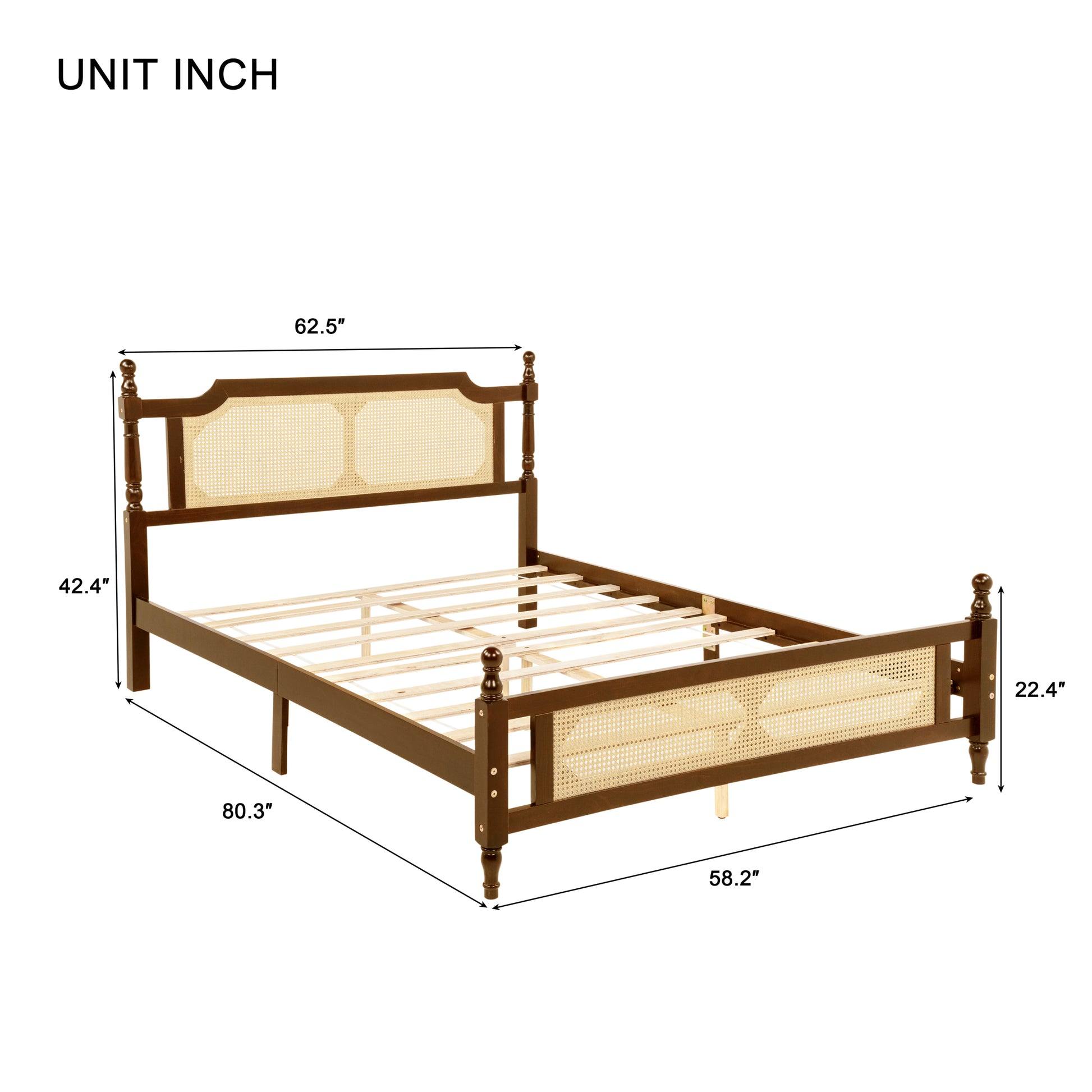 Queen Pine wooden Bed with Rattan Headboard and Footboard, with Central Enhanced Bed Platform,Walnut