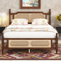 Queen Pine wooden Bed with Rattan Headboard and Footboard, with Central Enhanced Bed Platform,Walnut