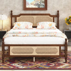 Queen Pine wooden Bed with Rattan Headboard and Footboard, with Central Enhanced Bed Platform,Walnut