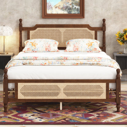 Queen Pine wooden Bed with Rattan Headboard and Footboard, with Central Enhanced Bed Platform,Walnut