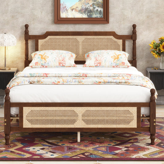 Queen Pine wooden Bed with Rattan Headboard and Footboard, with Central Enhanced Bed Platform,Walnut
