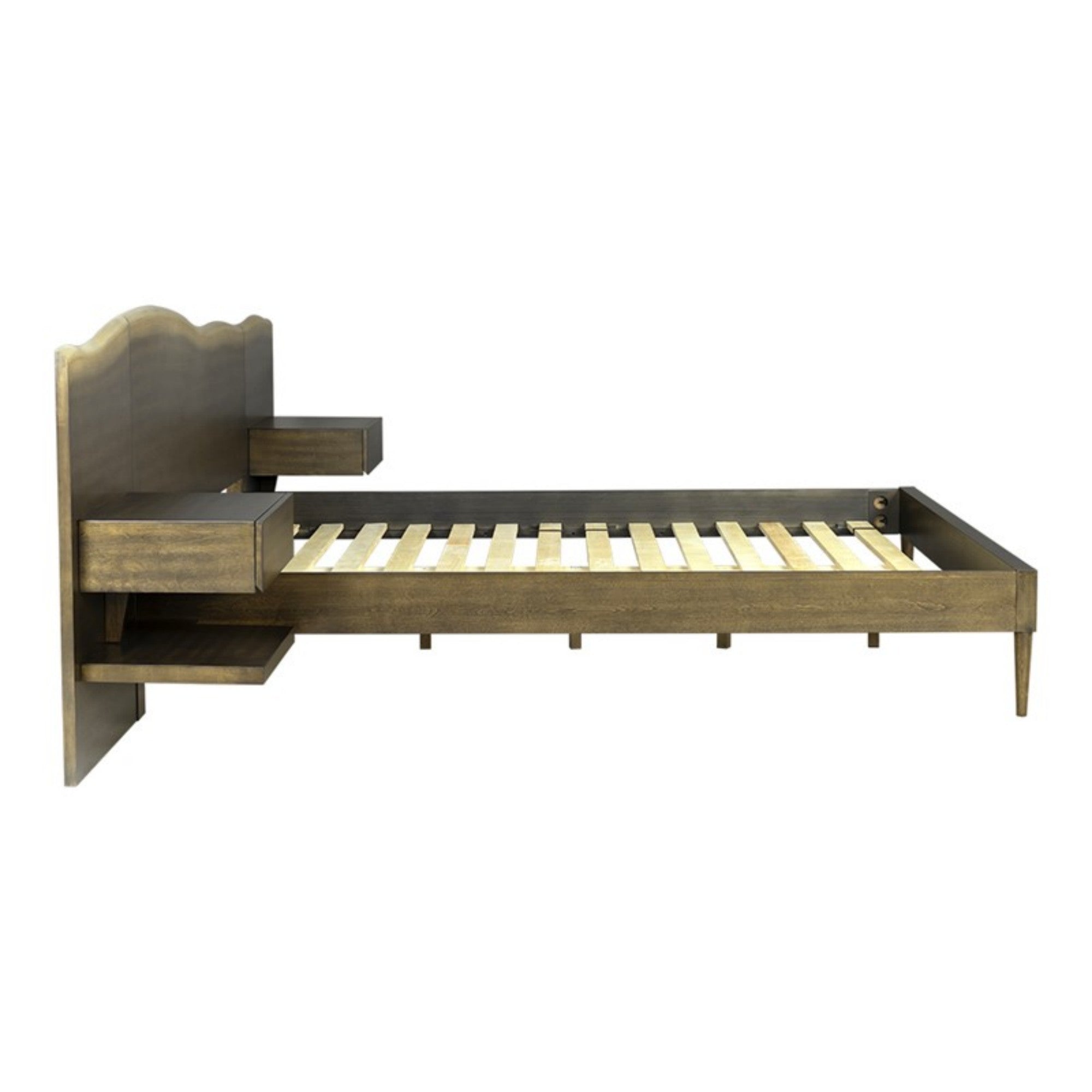 Rustic Platform Bed Frame with Live-Edge Headboard, Built-in Nightstands, Dark Coffee Finish, Queen Size Bed Frame