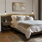 Rustic Platform Bed Frame with Live-Edge Headboard, Built-in Nightstands, Dark Coffee Finish, Queen Size Bed Frame