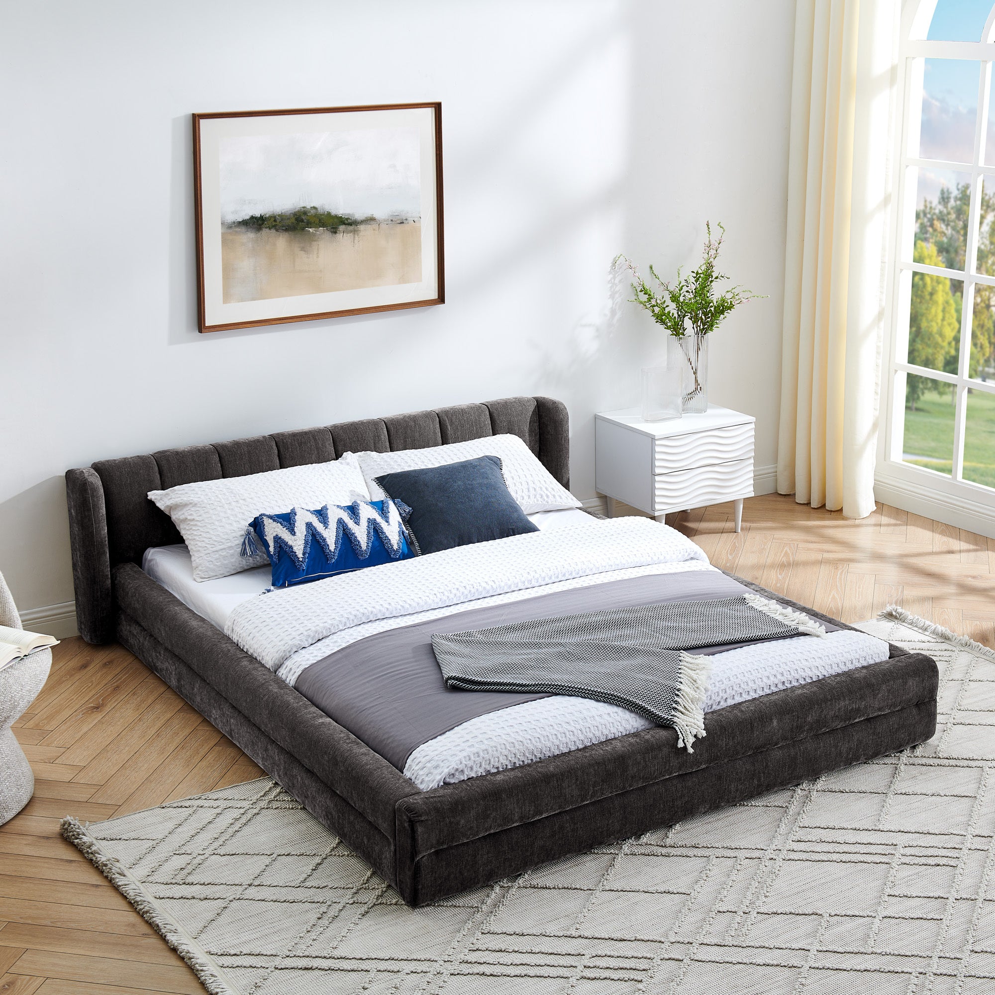 Modern Style Queen Size Upholstered Bed Frame with Headboard, Thick Chenille Fabric, Dark Grey, 87''*67''*23.5''