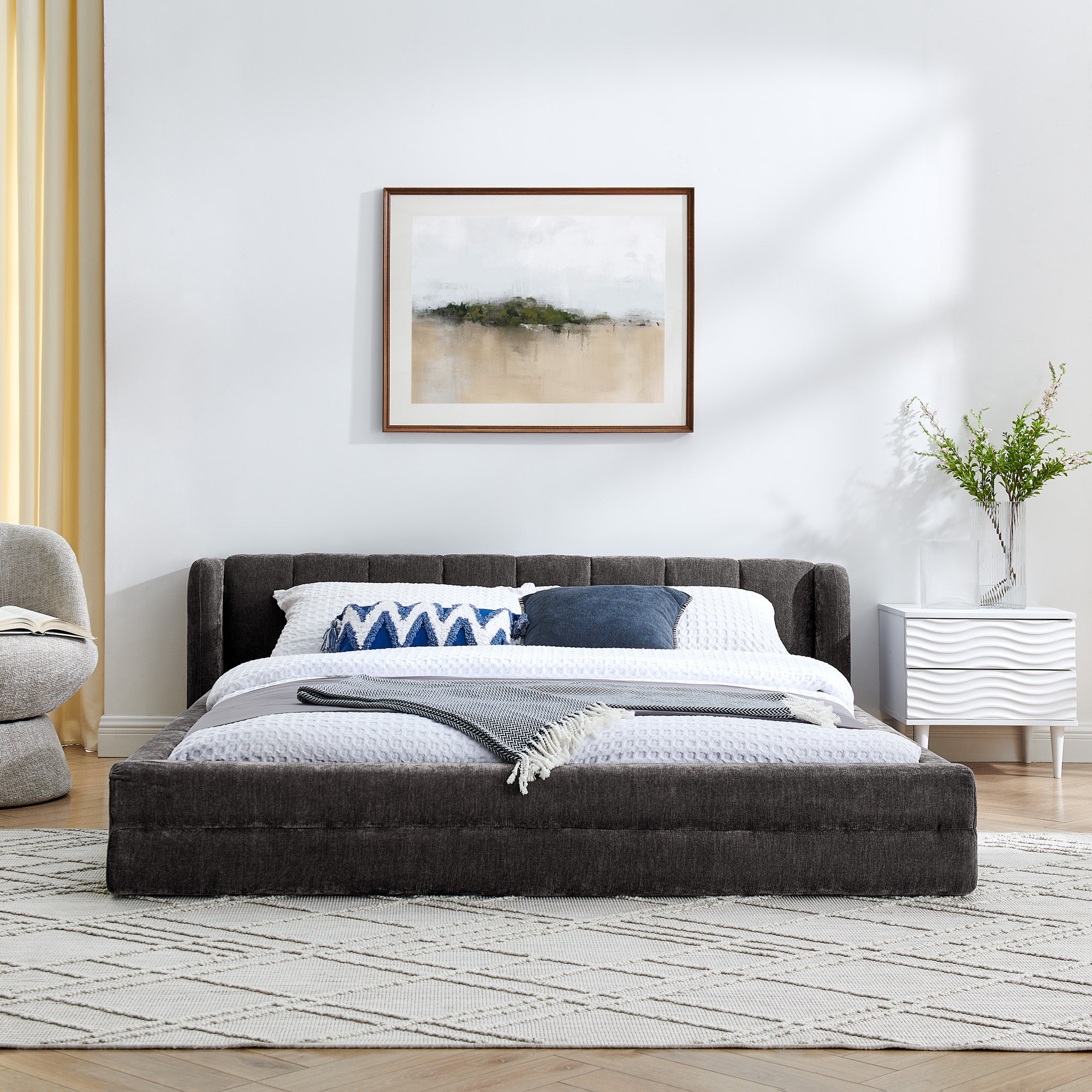 Modern Style Queen Size Upholstered Bed Frame with Headboard, Thick Chenille Fabric, Dark Grey, 87''*67''*23.5''