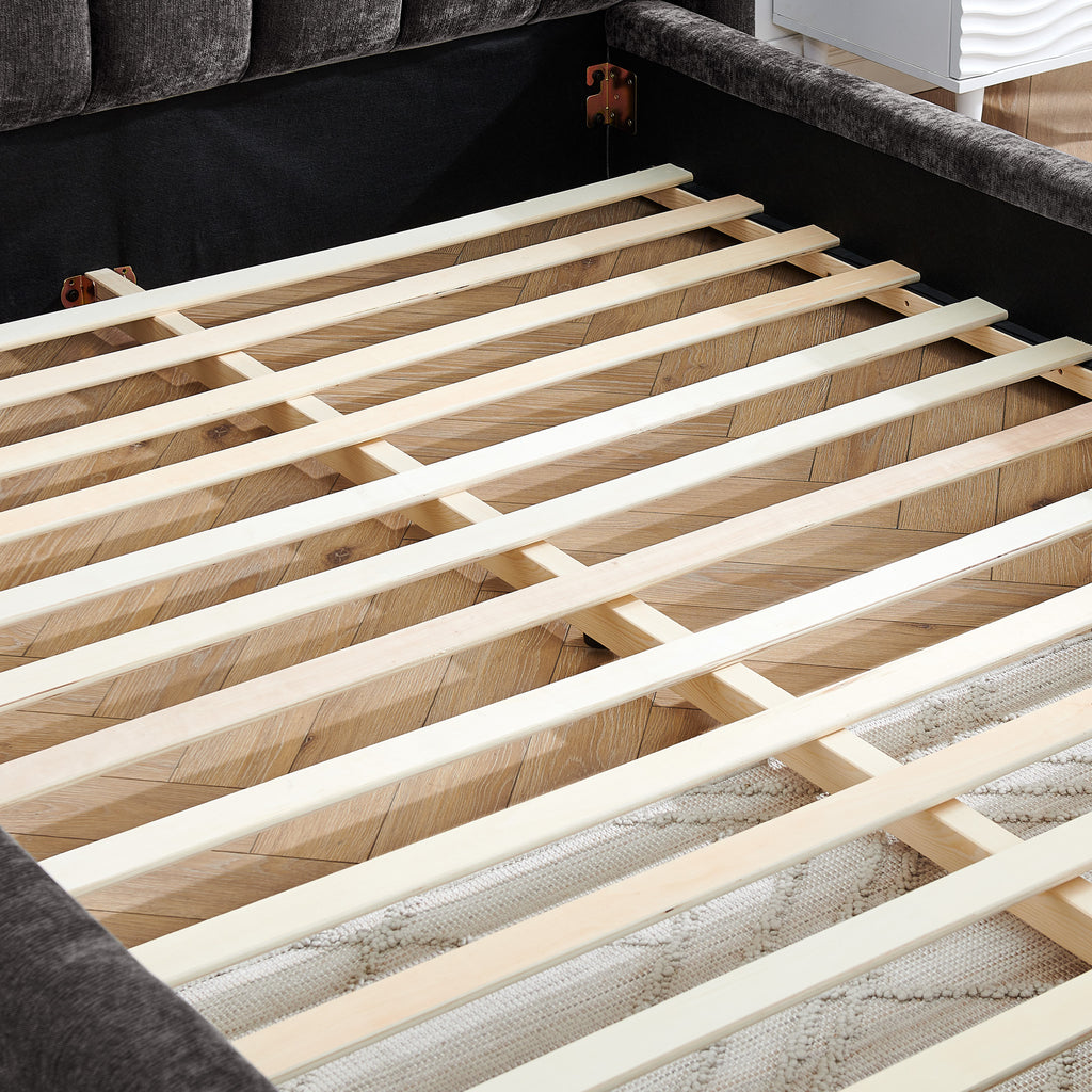 Modern Style Queen Size Upholstered Bed Frame with Headboard, Thick Chenille Fabric, Dark Grey, 87''*67''*23.5''