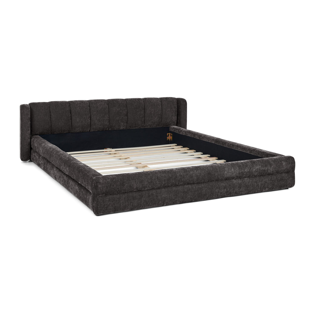 Modern Style Queen Size Upholstered Bed Frame with Headboard, Thick Chenille Fabric, Dark Grey, 87''*67''*23.5''
