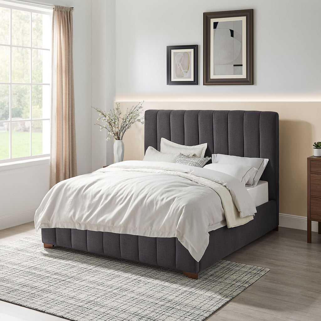 Queen Size Modern Design Bed Frame Upholstered Queen Bed Frame Platform with Headboard Fabric Headboard Wooden Slats Support, No Box Spring Needed,Mattress Foundation,Dark Grey Bed Frame