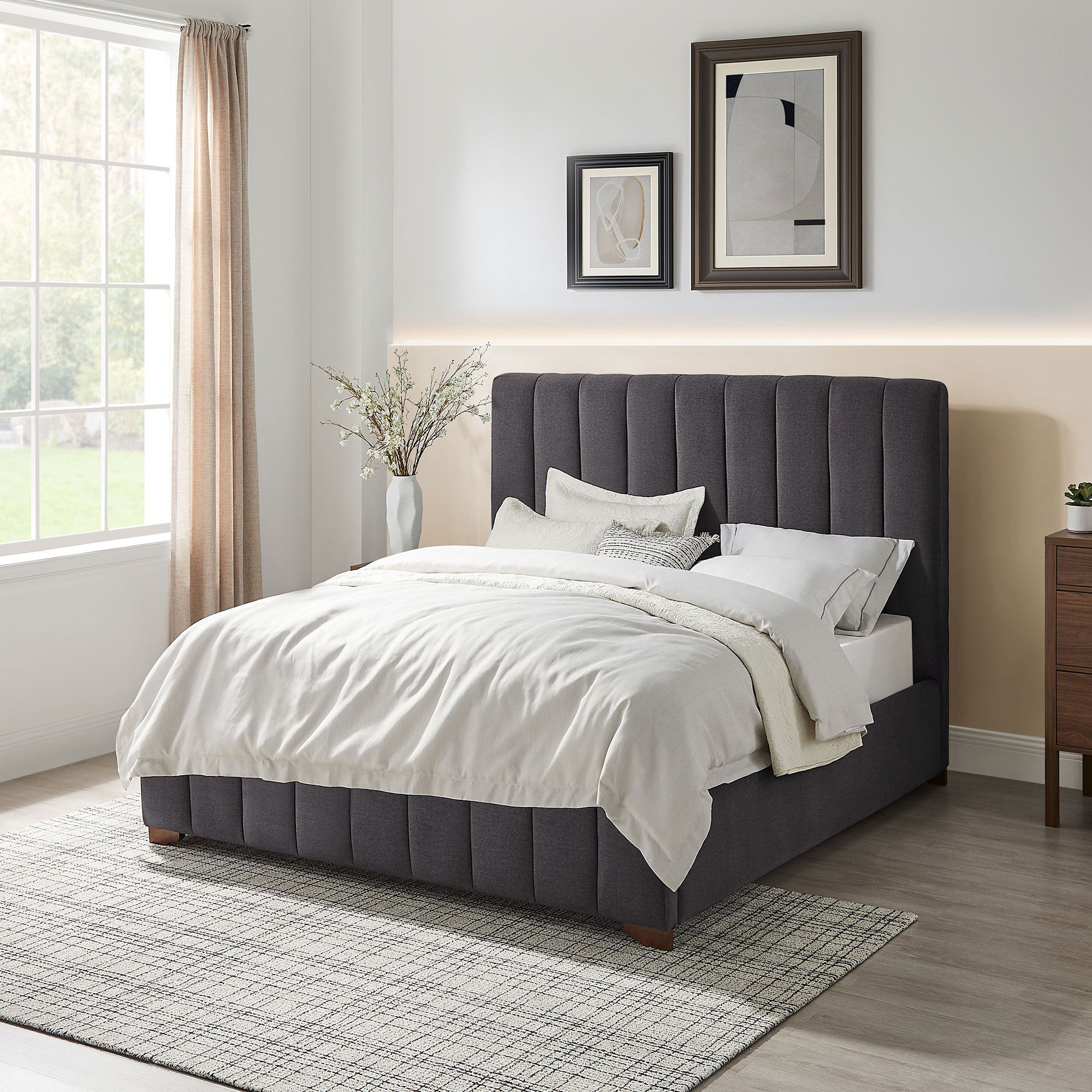 Queen Size Modern Design Bed Frame Upholstered Queen Bed Frame Platform with Headboard Fabric Headboard Wooden Slats Support, No Box Spring Needed,Mattress Foundation,Dark Grey Bed Frame