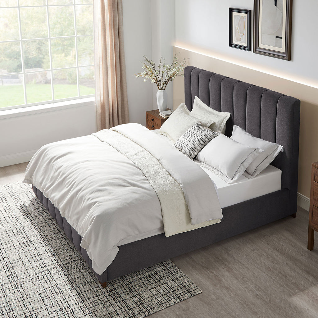 Queen Size Modern Design Bed Frame Upholstered Queen Bed Frame Platform with Headboard Fabric Headboard Wooden Slats Support, No Box Spring Needed,Mattress Foundation,Dark Grey Bed Frame