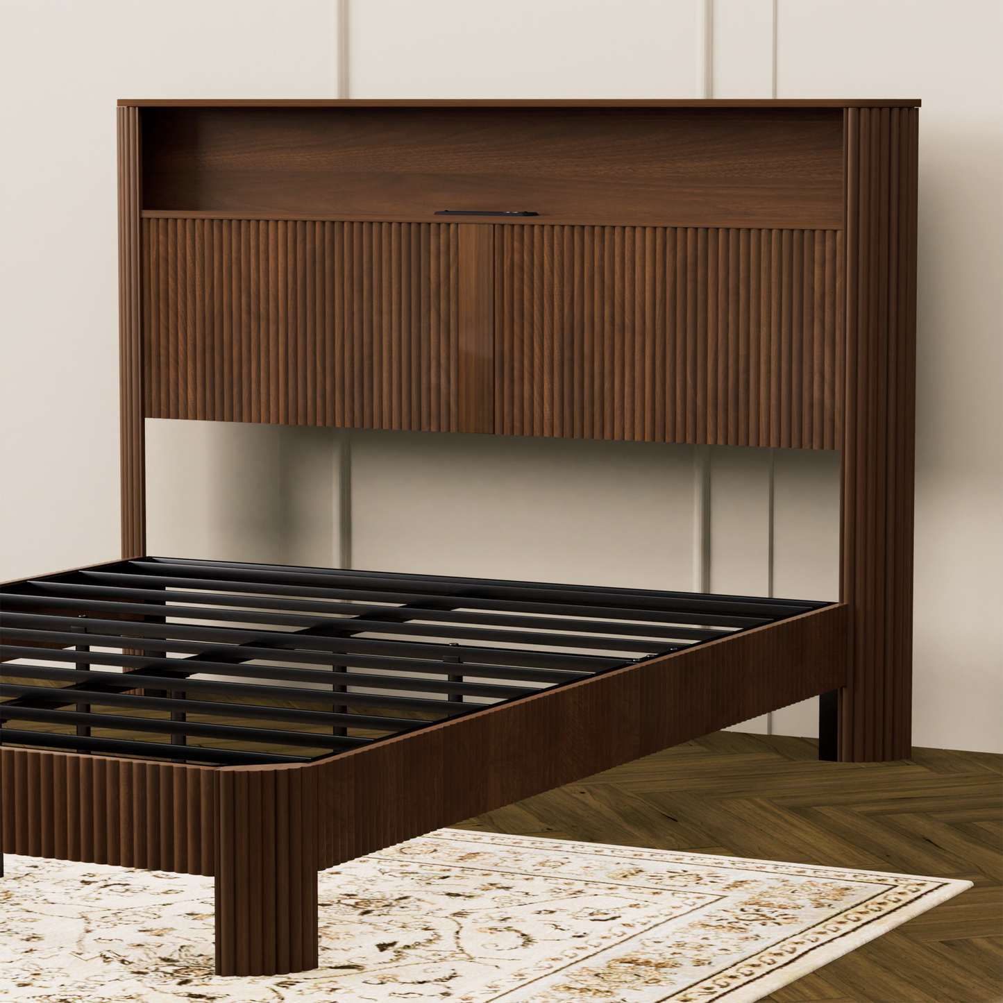 Queen Size bed frame with storage headboard, built-in charging station, wavy curved lines design, silent operation, metal support, Walnut