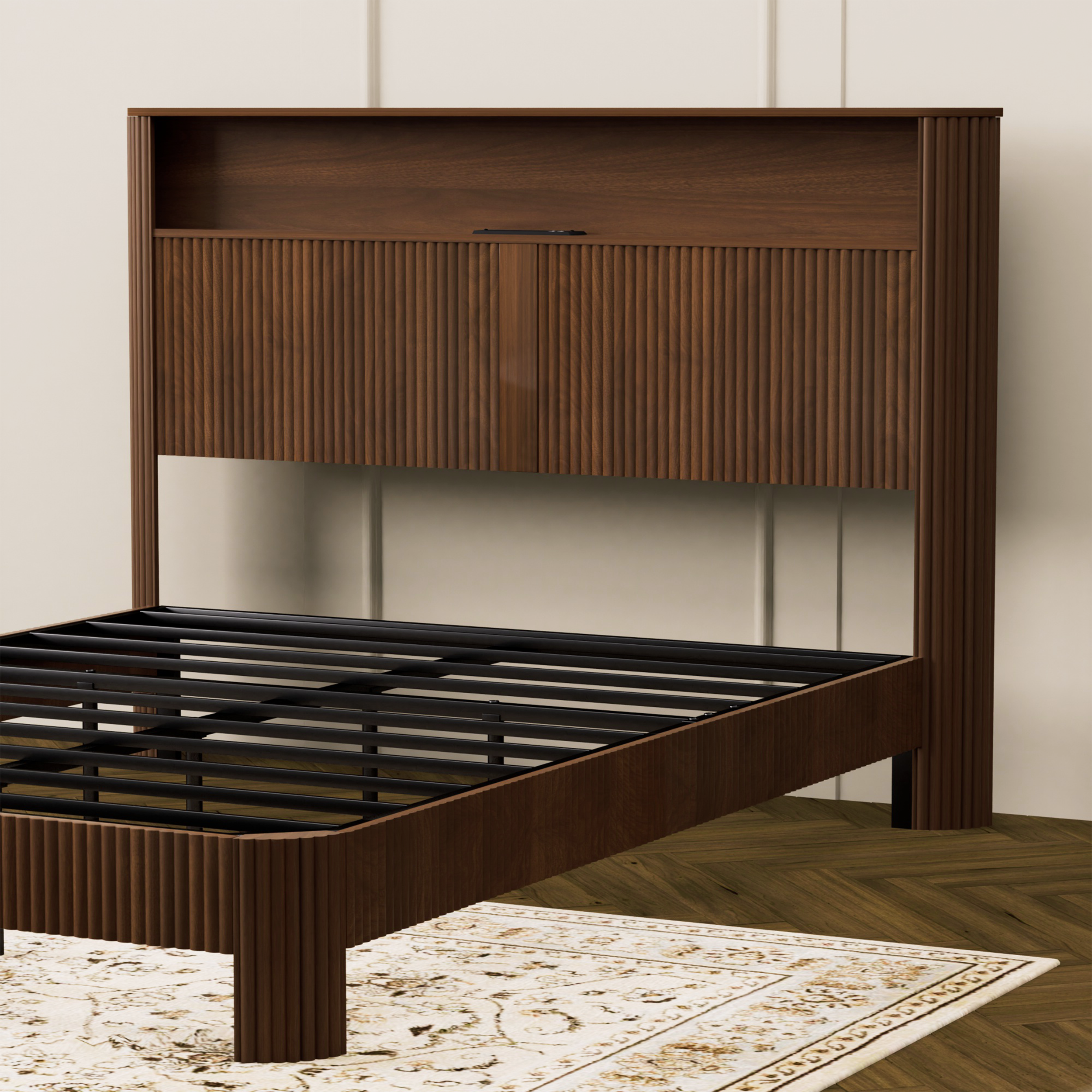 Queen Size bed frame with storage headboard, built-in charging station, wavy curved lines design, silent operation, metal support, Walnut