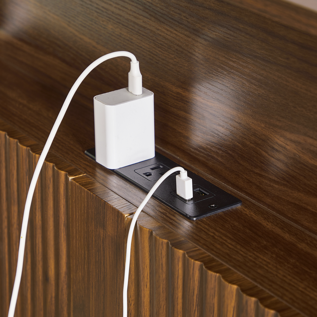 Queen Size bed frame with storage headboard, built-in charging station, wavy curved lines design, silent operation, metal support, Walnut