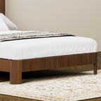 Queen Size bed frame with storage headboard, built-in charging station, wavy curved lines design, silent operation, metal support, Walnut