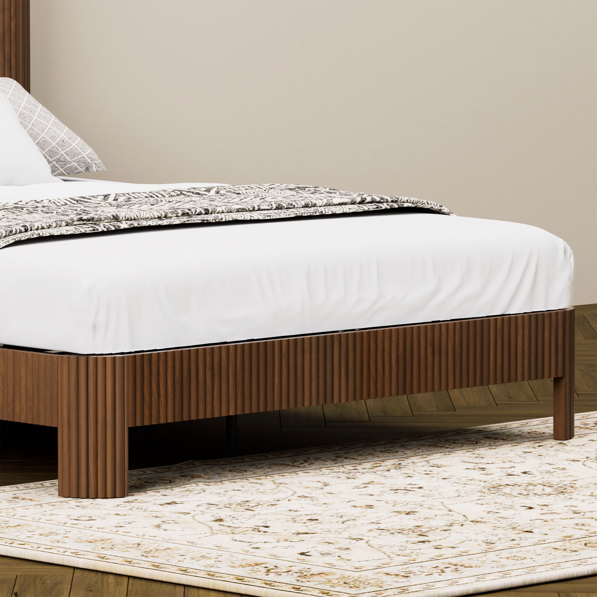 Queen Size bed frame with storage headboard, built-in charging station, wavy curved lines design, silent operation, metal support, Walnut