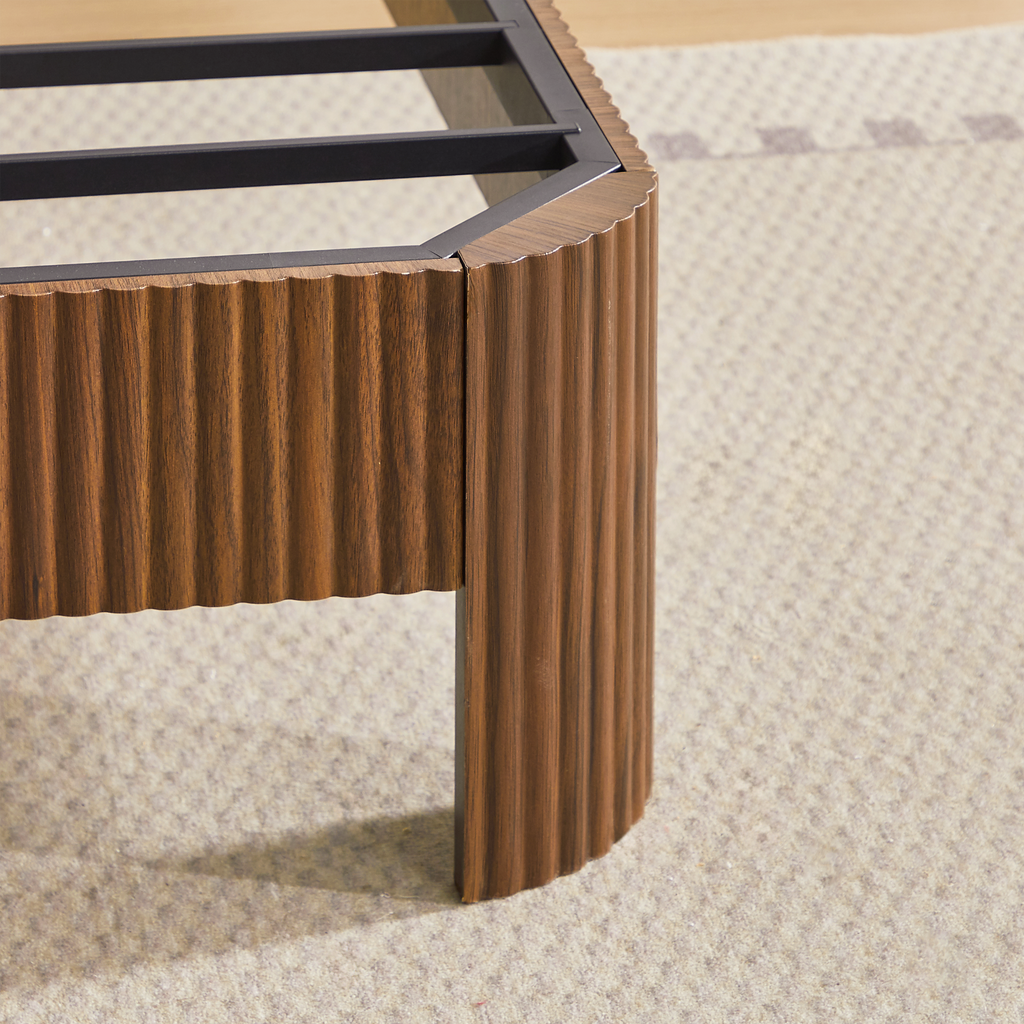 Queen Size bed frame with storage headboard, built-in charging station, wavy curved lines design, silent operation, metal support, Walnut