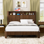 Queen Size bed frame with storage headboard, built-in charging station, wavy curved lines design, silent operation, metal support, Walnut