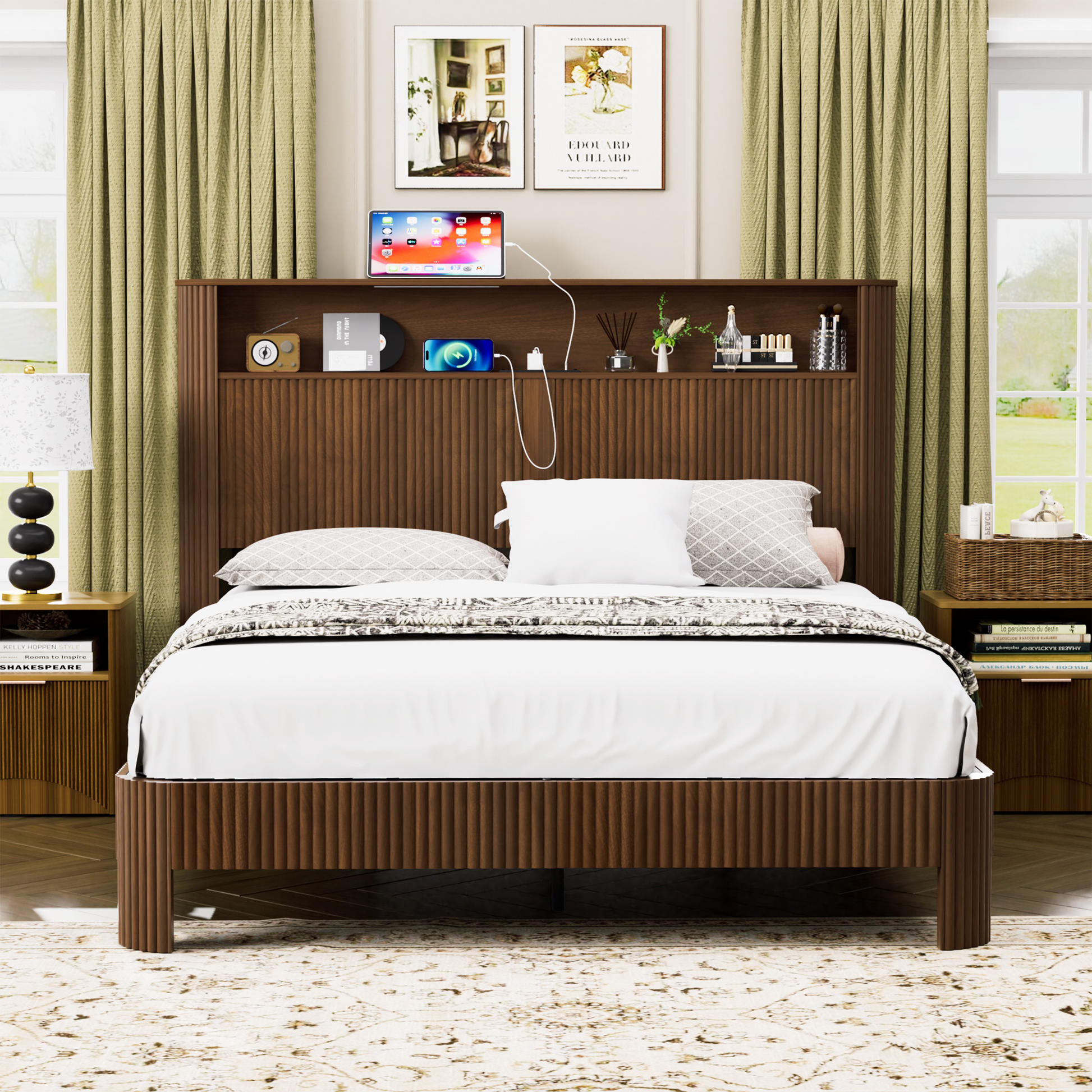 Queen Size bed frame with storage headboard, built-in charging station, wavy curved lines design, silent operation, metal support, Walnut