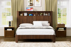 Queen Size bed frame with storage headboard, built-in charging station, wavy curved lines design, silent operation, metal support, Walnut