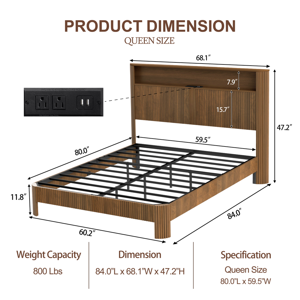 Queen Size bed frame with storage headboard, built-in charging station, wavy curved lines design, silent operation, metal support, Walnut