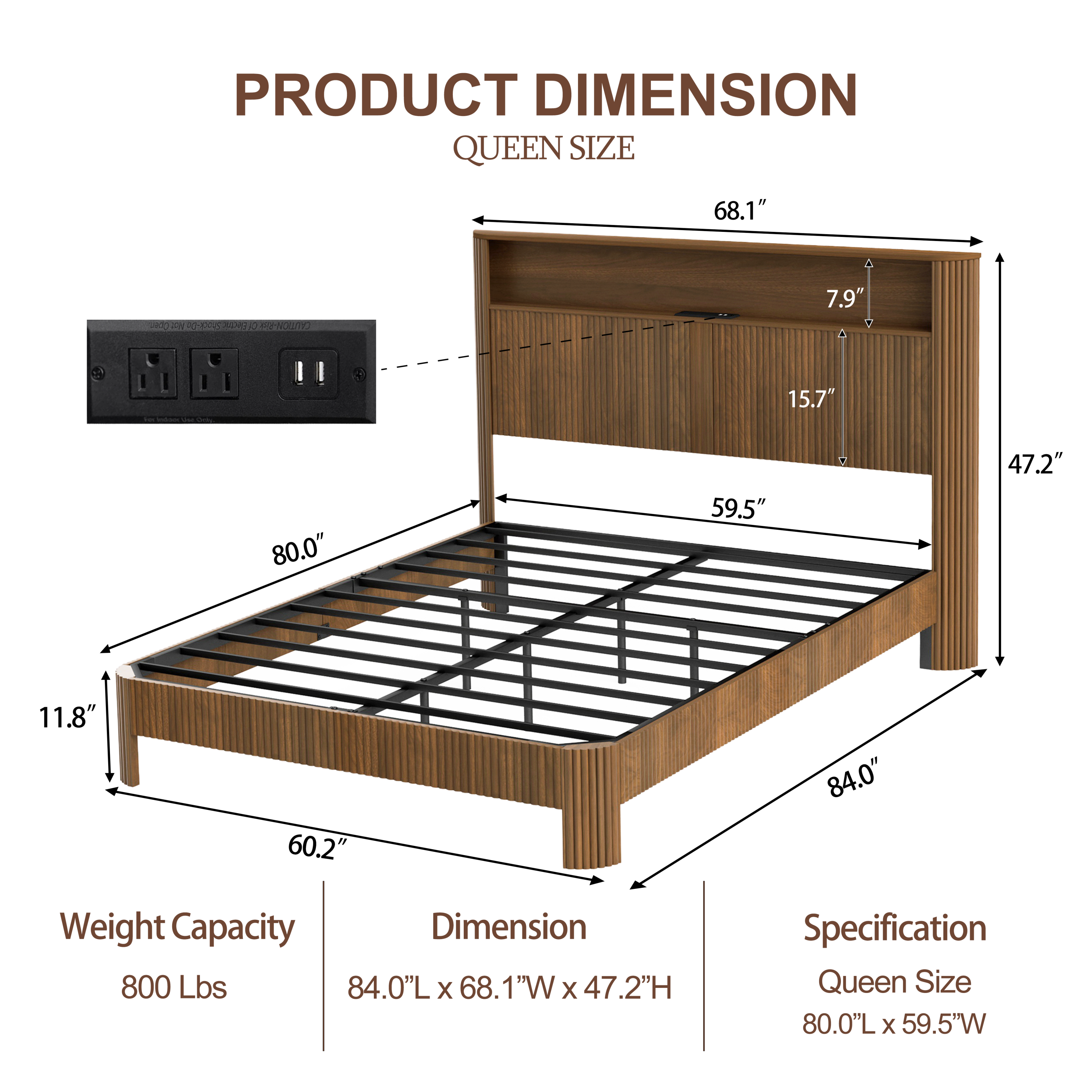 Queen Size bed frame with storage headboard, built-in charging station, wavy curved lines design, silent operation, metal support, Walnut