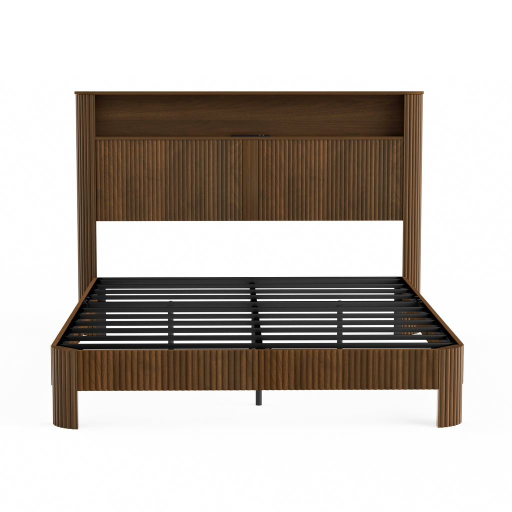 Queen Size bed frame with storage headboard, built-in charging station, wavy curved lines design, silent operation, metal support, Walnut