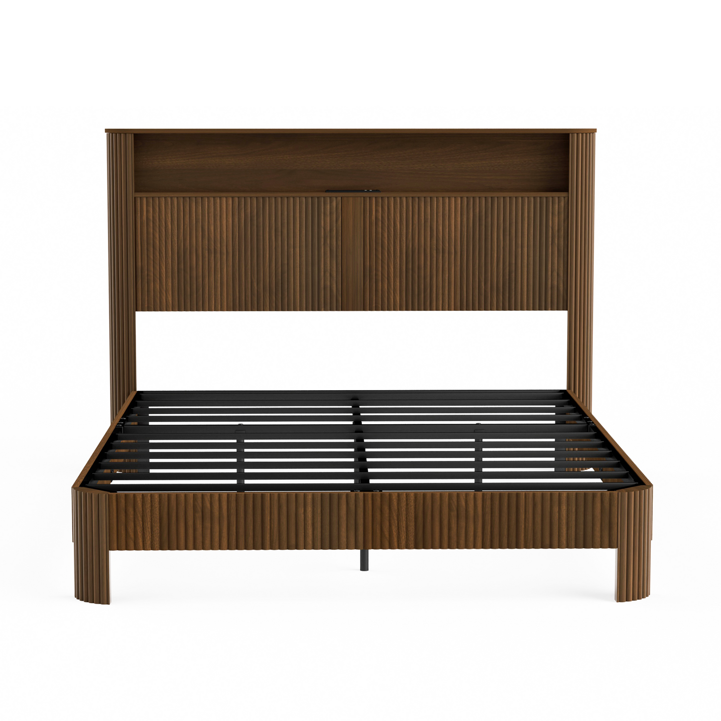 Queen Size bed frame with storage headboard, built-in charging station, wavy curved lines design, silent operation, metal support, Walnut