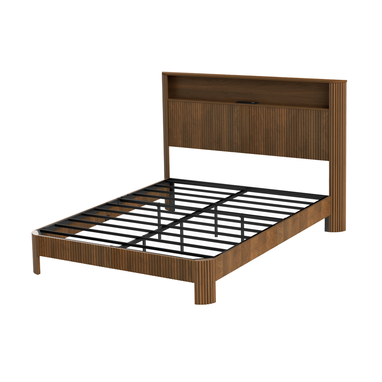 Queen Size bed frame with storage headboard, built-in charging station, wavy curved lines design, silent operation, metal support, Walnut