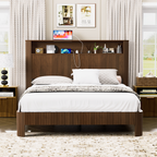 Queen Size bed frame with storage headboard, built-in charging station, wavy curved lines design, silent operation, metal support, Walnut