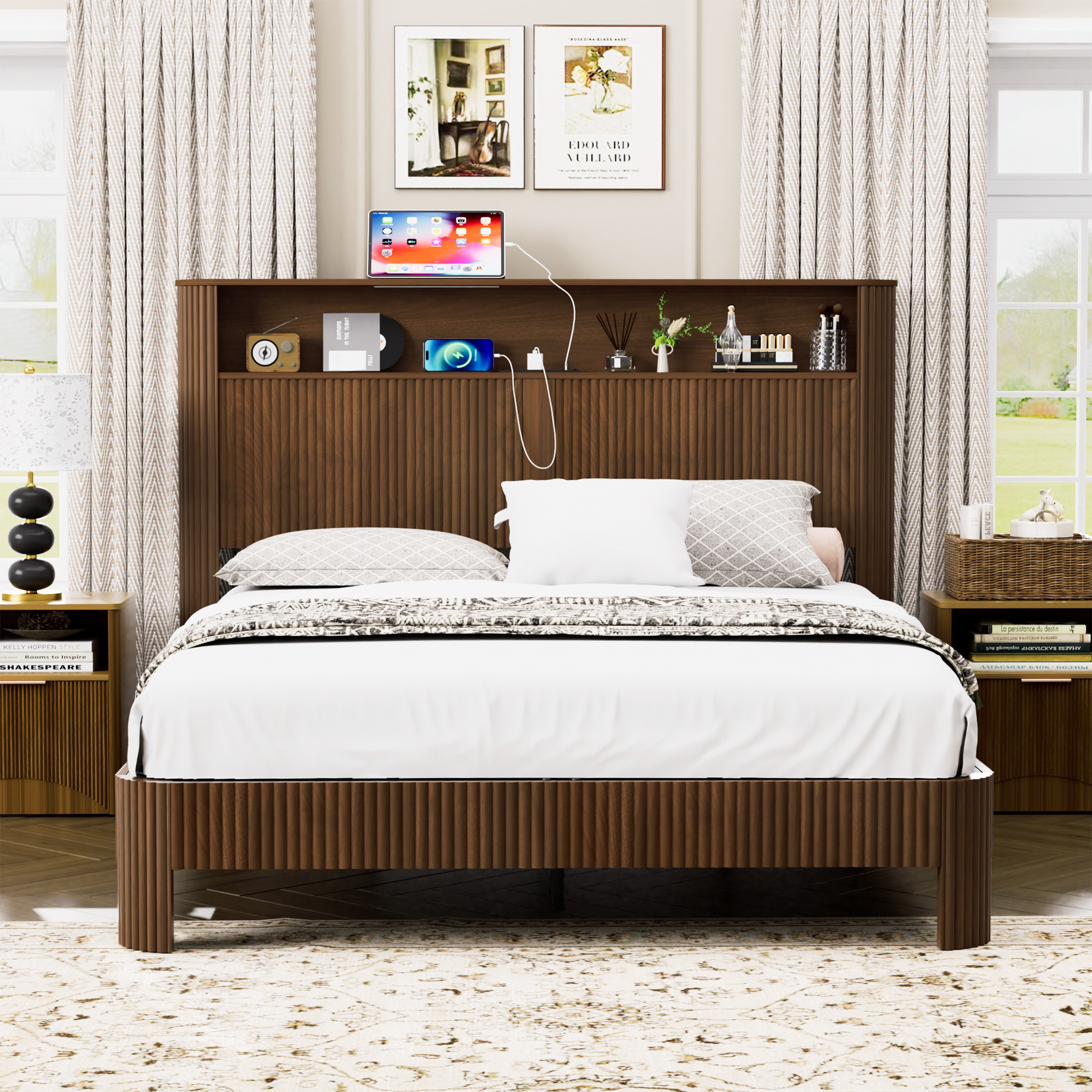 Queen Size bed frame with storage headboard, built-in charging station, wavy curved lines design, silent operation, metal support, Walnut