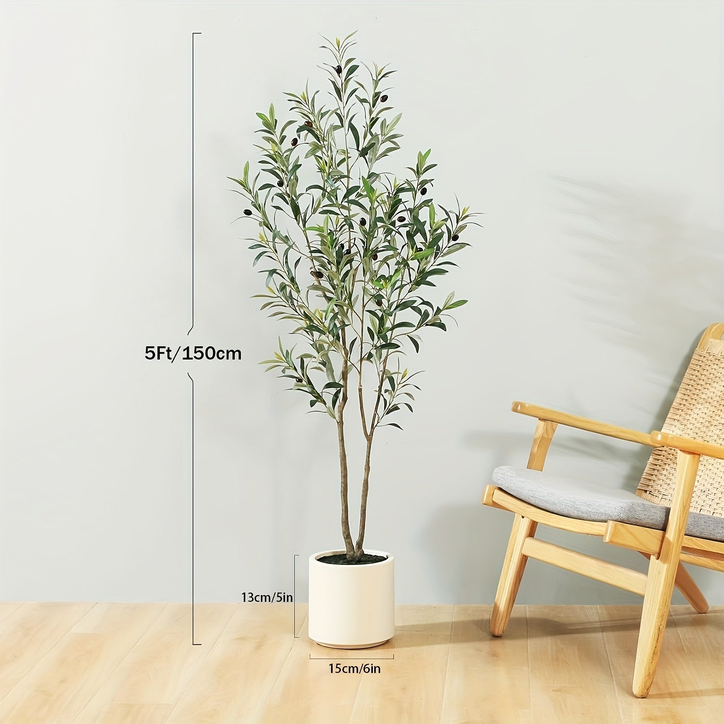 5ft Artificial Olive Tree with White Planter - Realistic Faux Olive Plant for Indoor Home Decor, Housewarming Gift, Holidays & Parties - No Maintenance Fake Tree, Year-Round Floor Decor, Olive Dec
