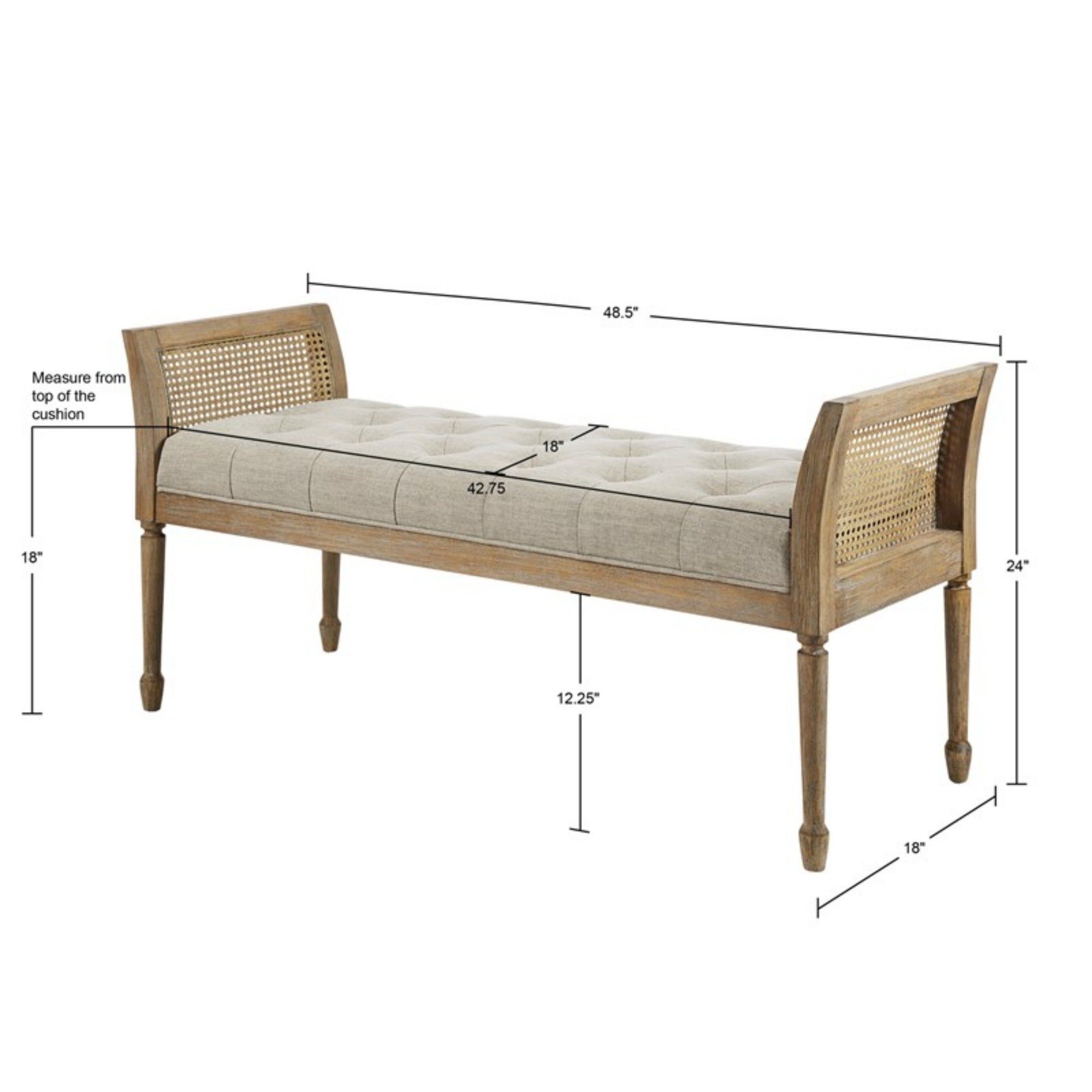 Transitional Accent Bench with Upholstered Seat and Cane Arm in Reclaimed Natural Wood Finish Bench